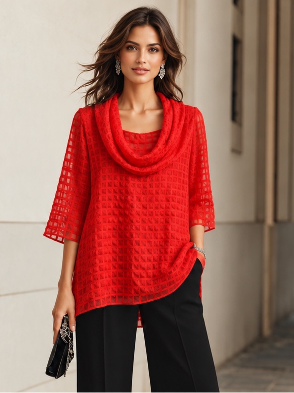 Ali Miles Tunic Top XL Red Textured Cowl Neck Sheer 3/4 Sleeve Artsy